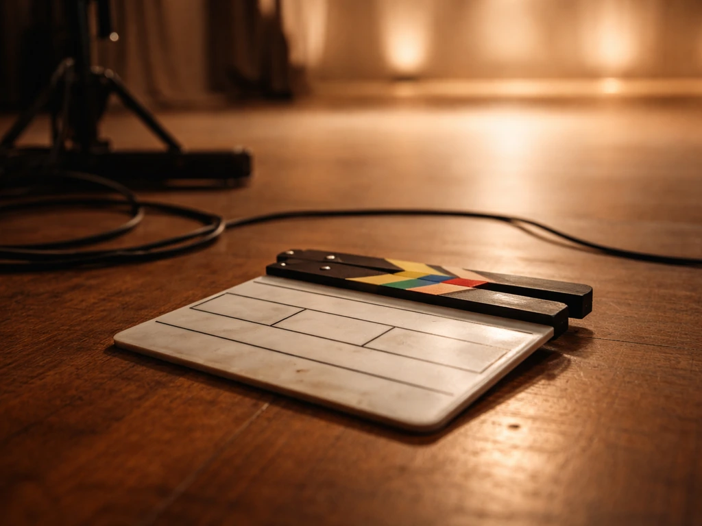 Clapperboard and softly lit TV studio set details on a production floor, cinematic and minimal.
