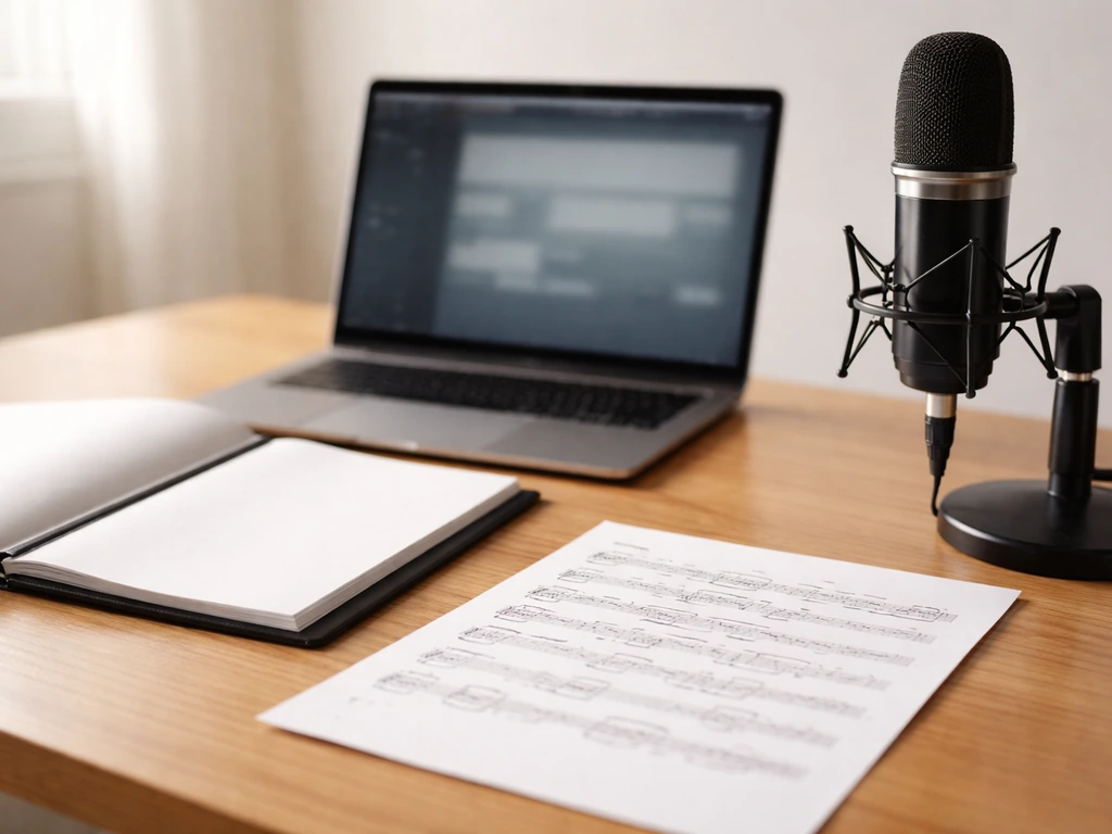 Minimal desk scene with sheet music, laptop, and a microphone symbolizing music licensing and live performance income