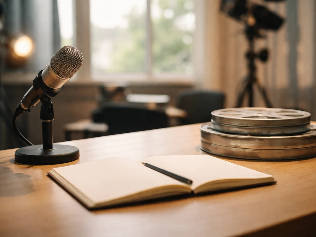 Minimal photo of a TV studio desk with a microphone, notebook, and scattered film reels suggesting career earnings timel