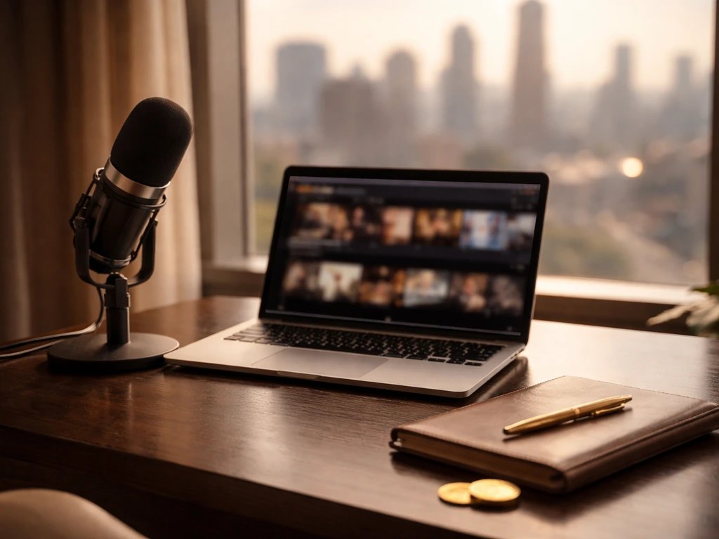 Empty luxury desk with studio microphone, blurred laptop, and gold coins near a window skyline.