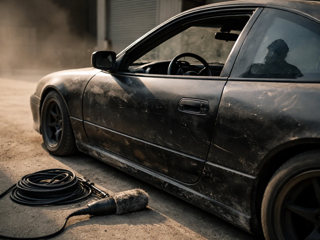 Minimal film set scene with a stunt car, subtle crew presence, and production gear near a warehouse loading bay.
