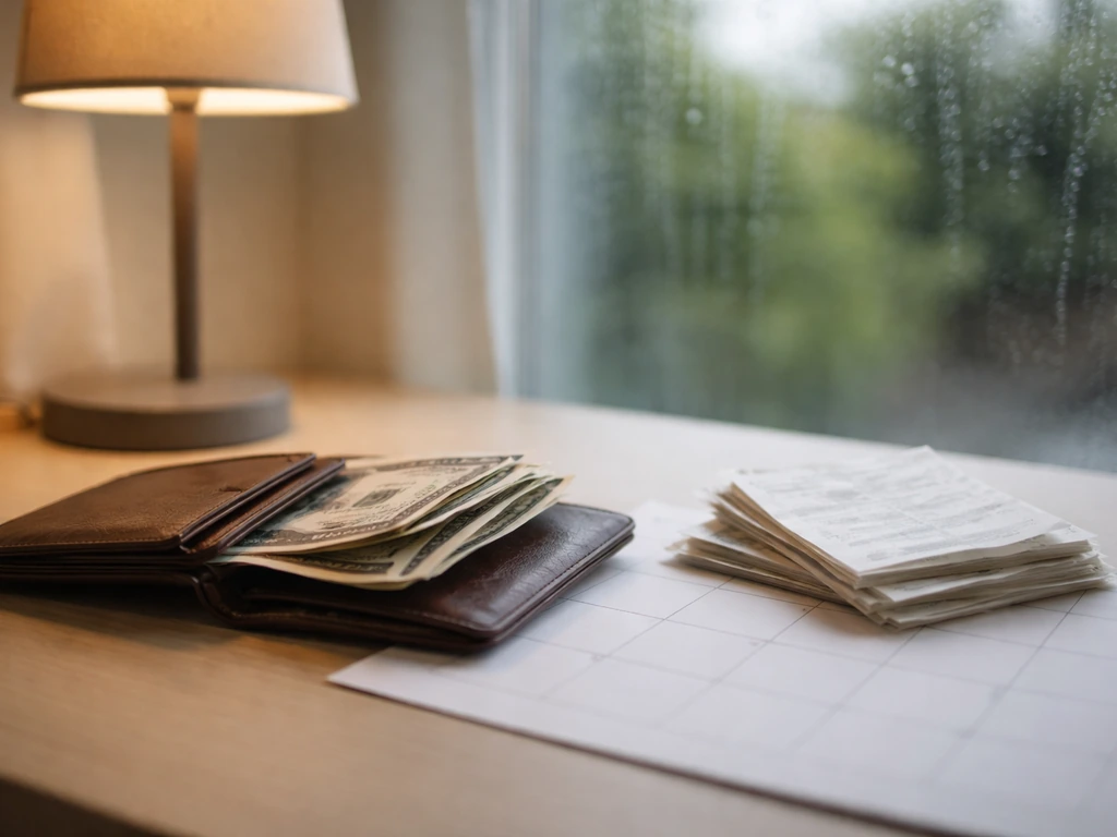 Open wallet with receipts and cash on a desk near a window, symbolizing taxes and lifestyle costs.