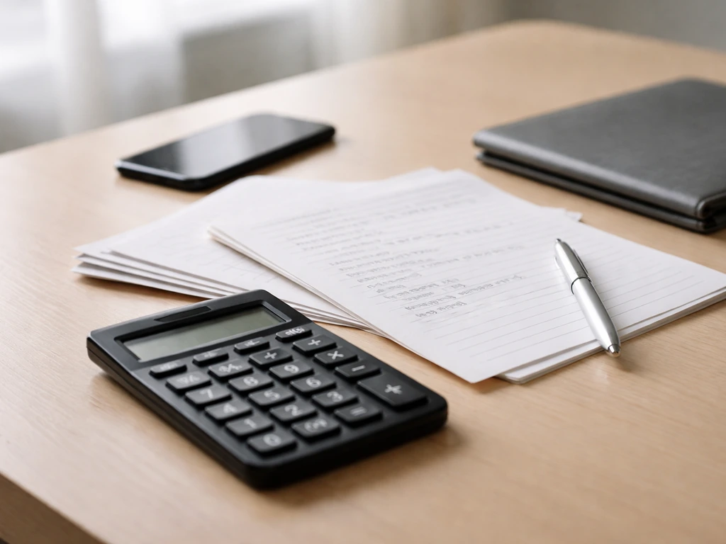 Minimal desk scene with a calculator, documents, and a phone symbolizing net worth estimation.