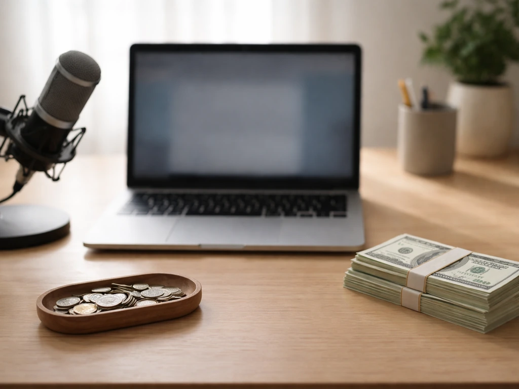 Minimal photo of a laptop and cash beside a microphone, symbolizing estimated wealth and income streams.