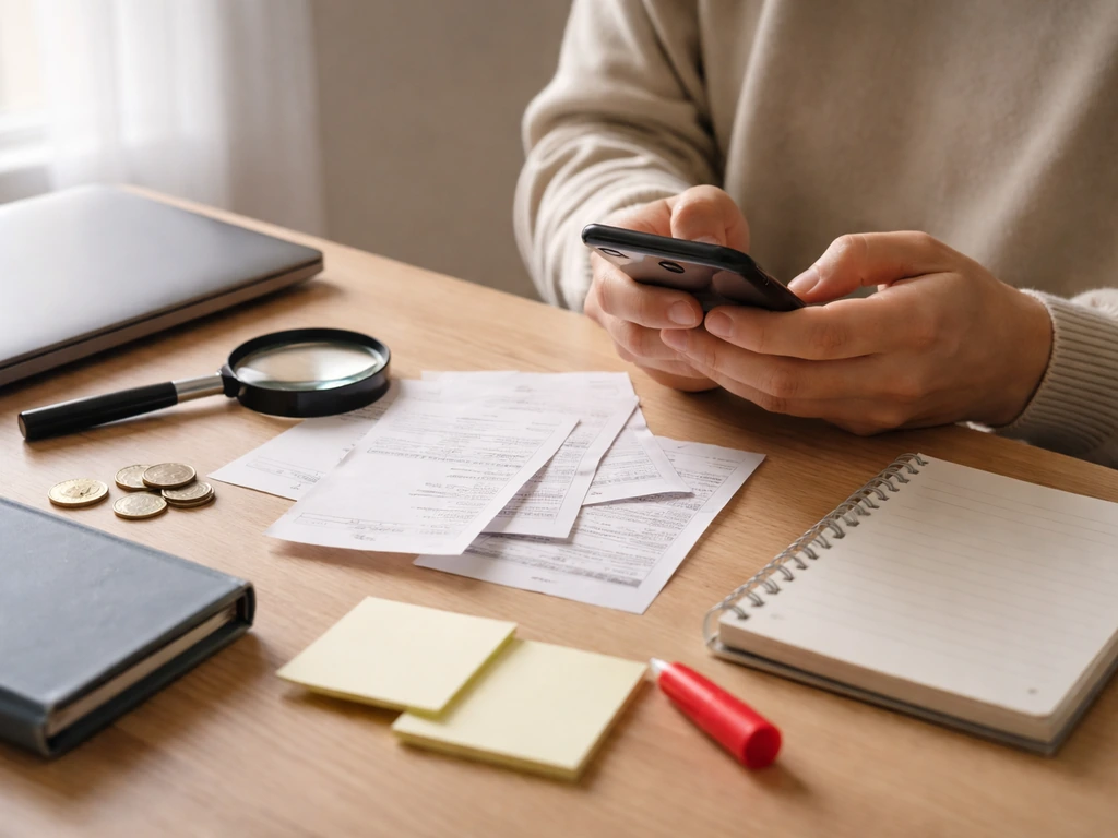 Hands reviewing documents with a magnifying glass and phone on a tidy desk, symbolizing fact-checking.