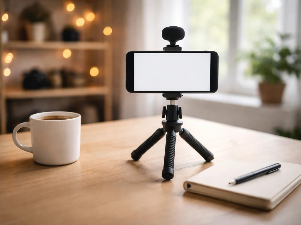 Minimal home studio desk with phone on a tripod, warm light, and subtle lifestyle filming atmosphere.