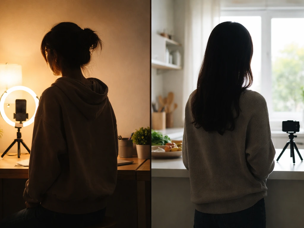 Two anonymous creator-style silhouettes with different home filming cues, contrasting two Michelle Chois identities.