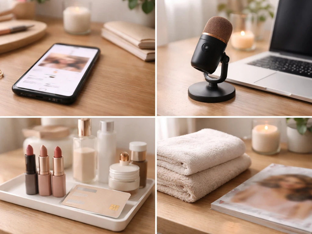 Minimal collage of a smartphone, microphone, beauty products, and lifestyle items suggesting creator income streams.