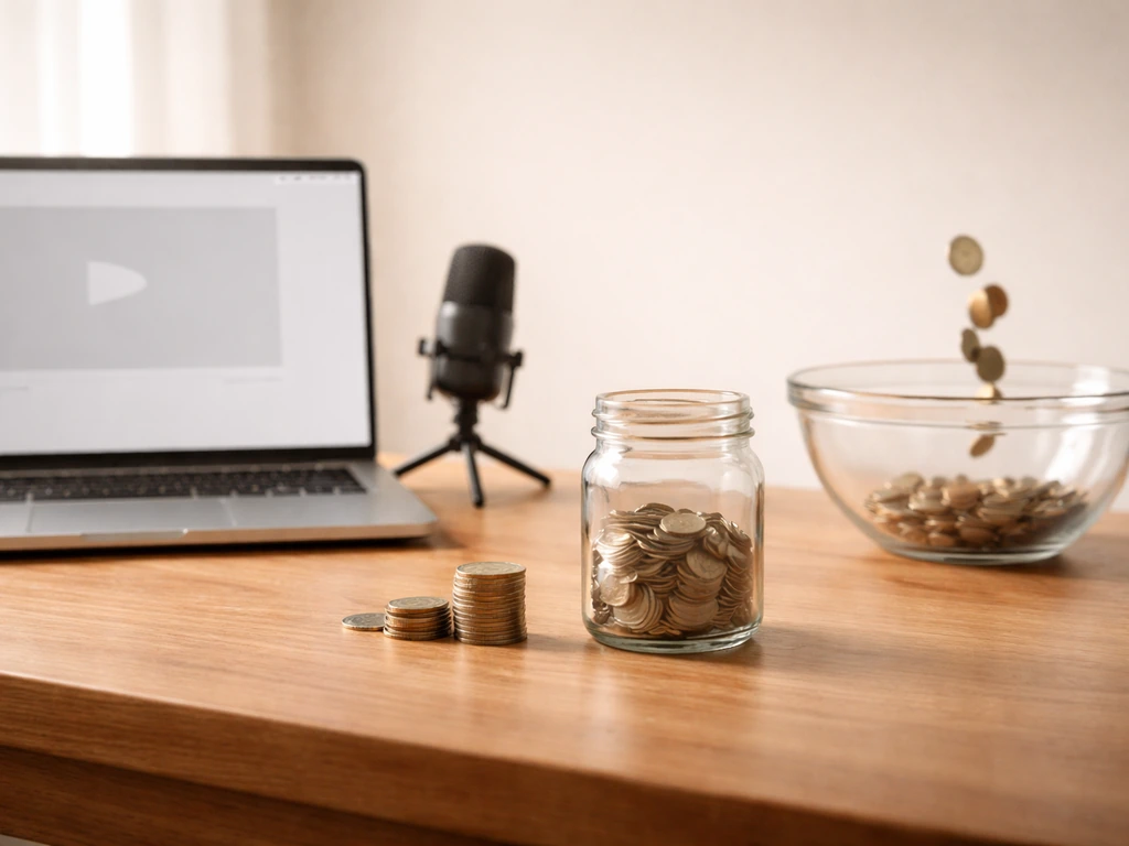 Minimal staged photo showing a media-to-wealth progression with a laptop, coins, and check-point objects
