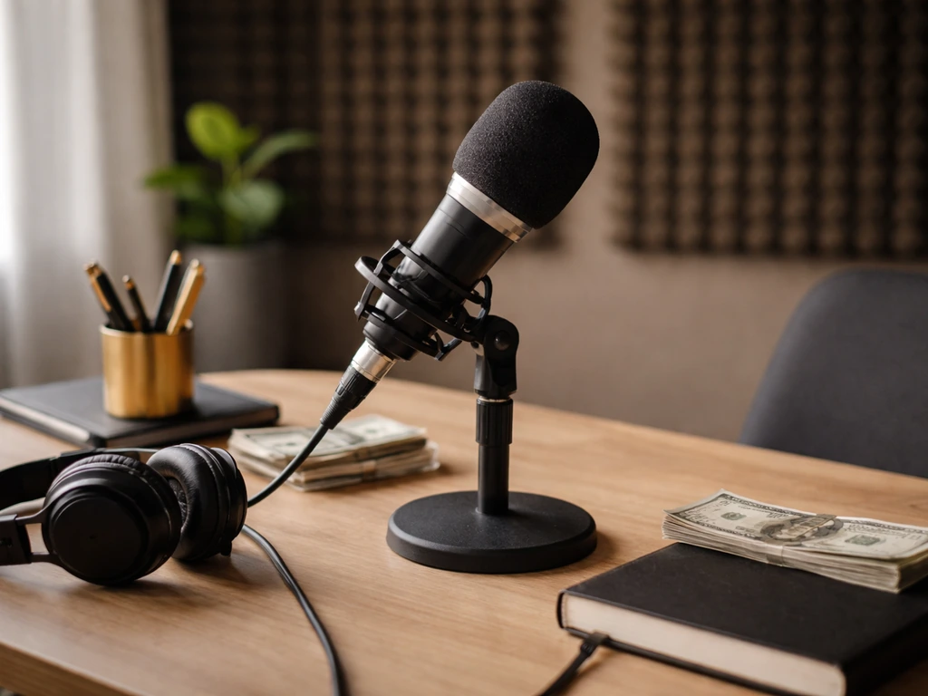 Anonymous media studio desk with a microphone and luxury accents symbolizing TV wealth