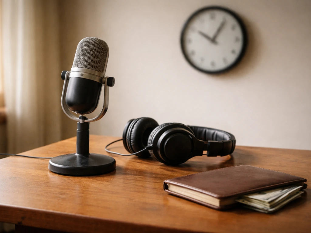 Minimal desk scene with a microphone and a single clock, symbolizing career milestones and media success.