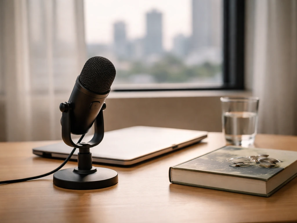Close-up of a microphone on a desk with finance/media cues and a blurred city view in the background.