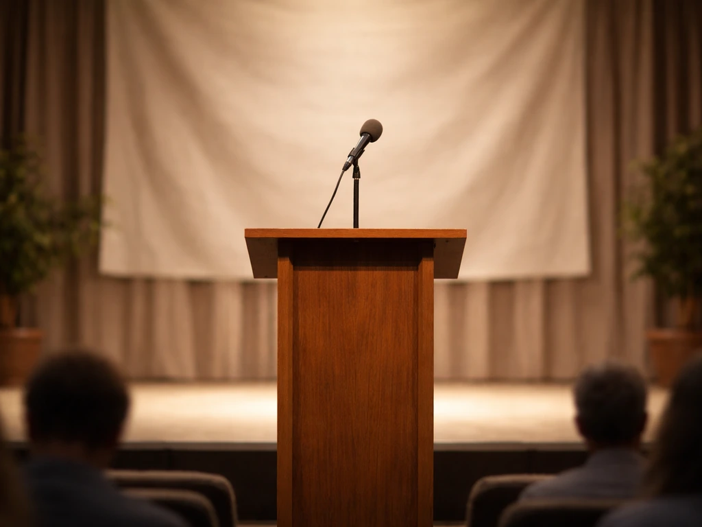 Microphone on a lectern at a church-style event with blurred audience seats in the background.