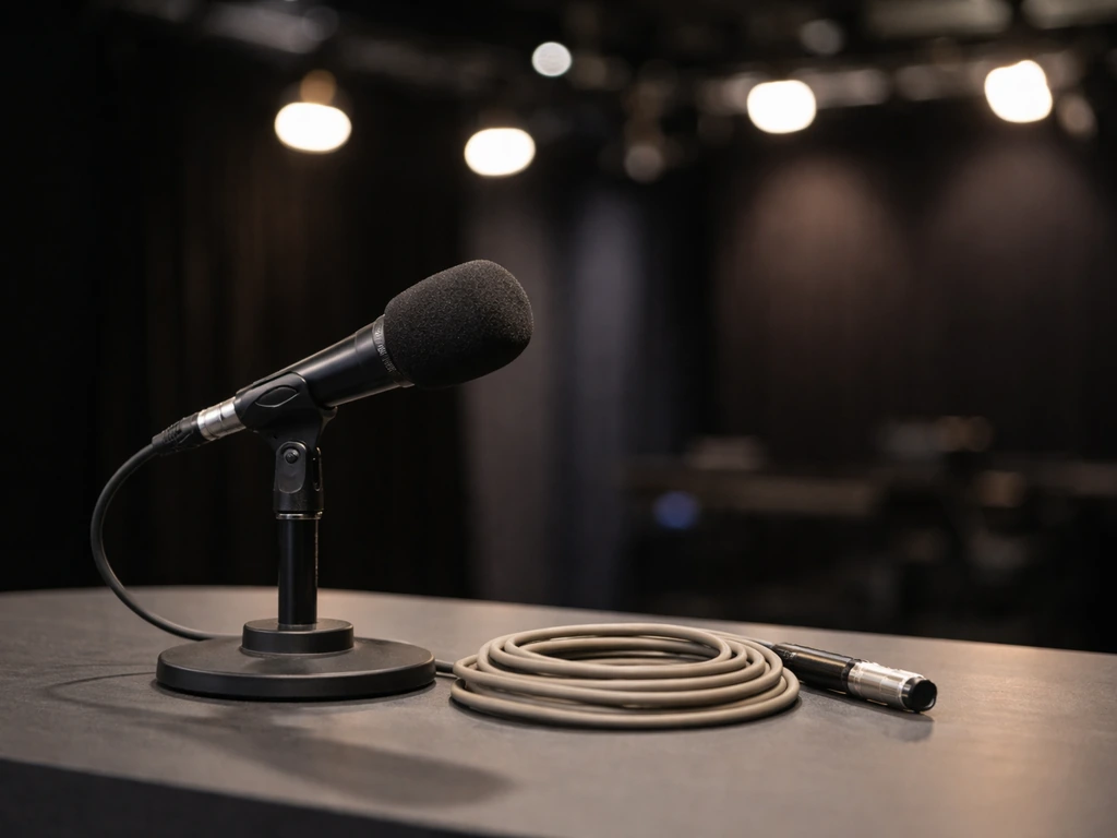 Minimal TV studio scene with a microphone on a desk and soft studio lights in the background.