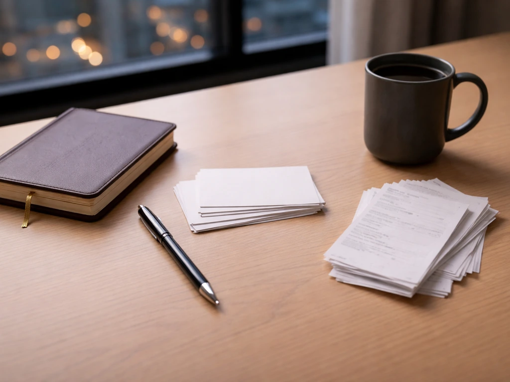 Minimal desk with blank receipts and notebook symbolizing how a net worth estimate is built
