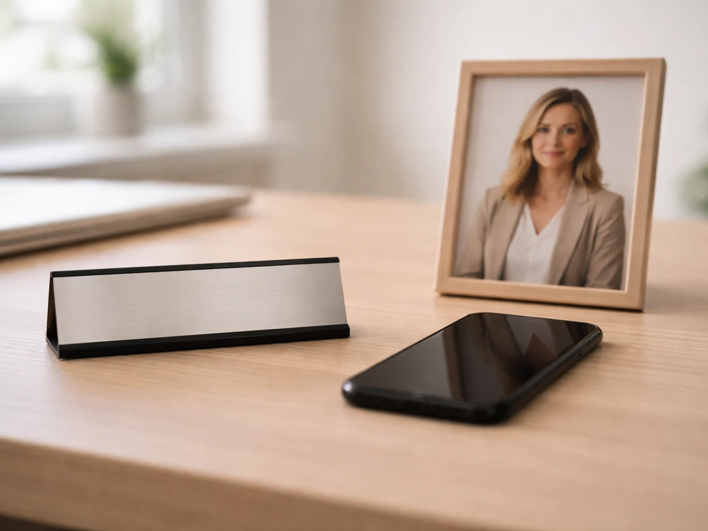 Minimal desk scene with a single framed photo, helping distinguish the right person without showing any real likeness.