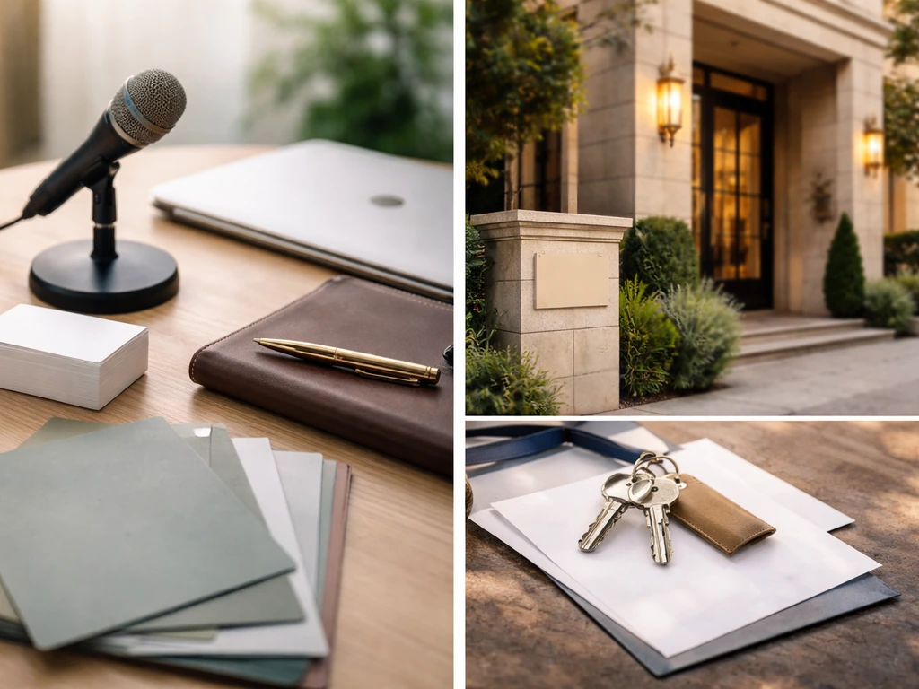 Split-scene of marketing/PR materials and a luxury real estate setting, symbolizing two career phases