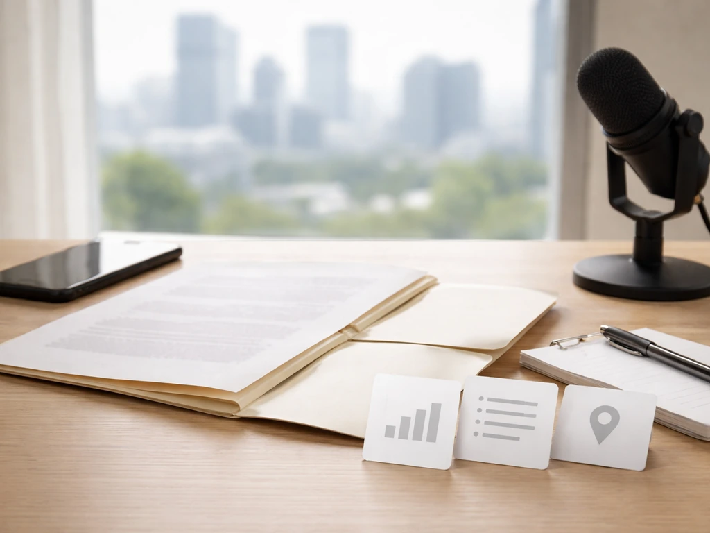 Desk with documents, smartphone, microphone, and blank updated-data cards implying how to verify a finance estimate.