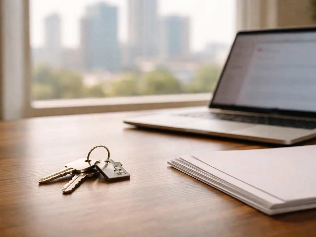 Minimal photo of a real estate agent’s desk with keys and a laptop, symbolizing a net worth analysis