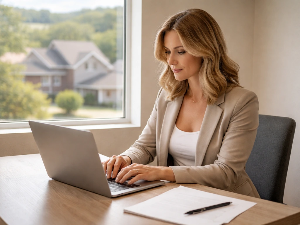 Texas real estate agent seated at an open laptop in a quiet office, with a window view of suburban homes.
