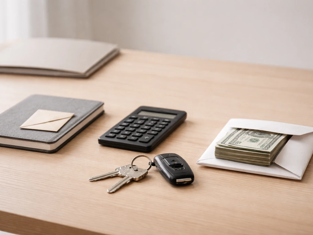 Minimal desk scene with a notebook and calculator beside keys and a small envelope, symbolizing assets vs debts.