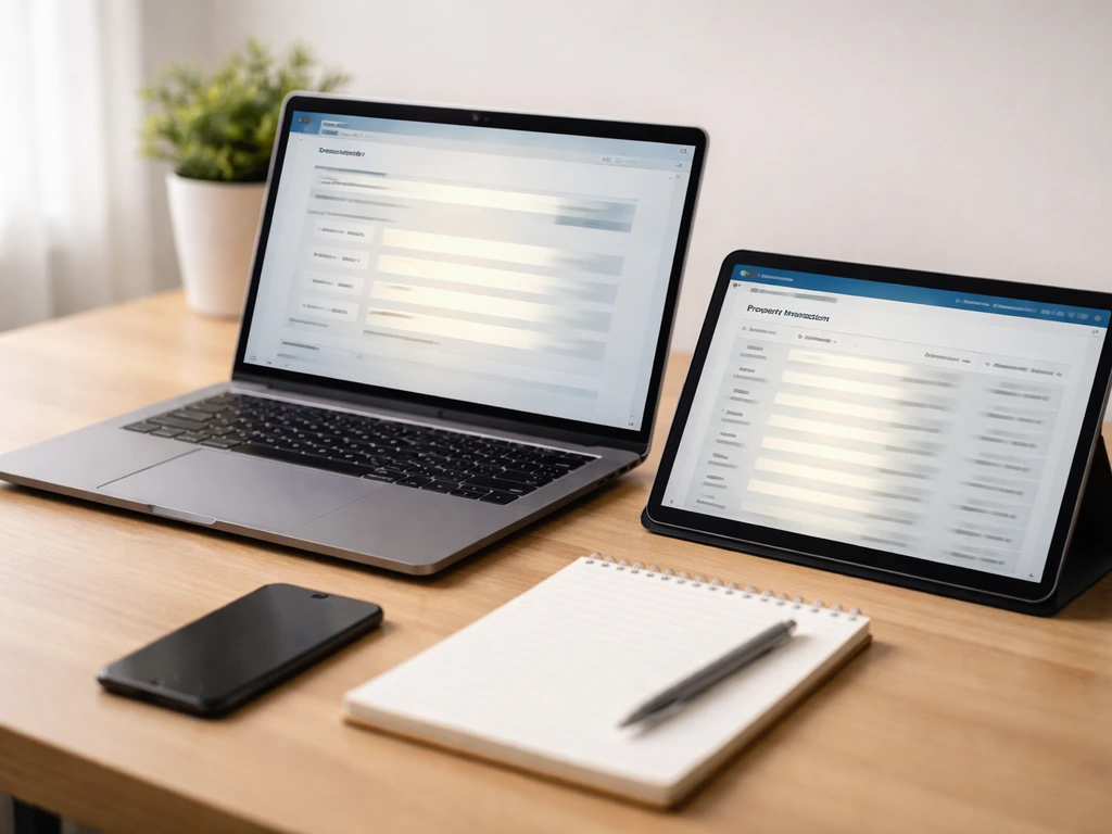 Laptop and tablet on a desk showing blurred license lookup and property list for profile verification.