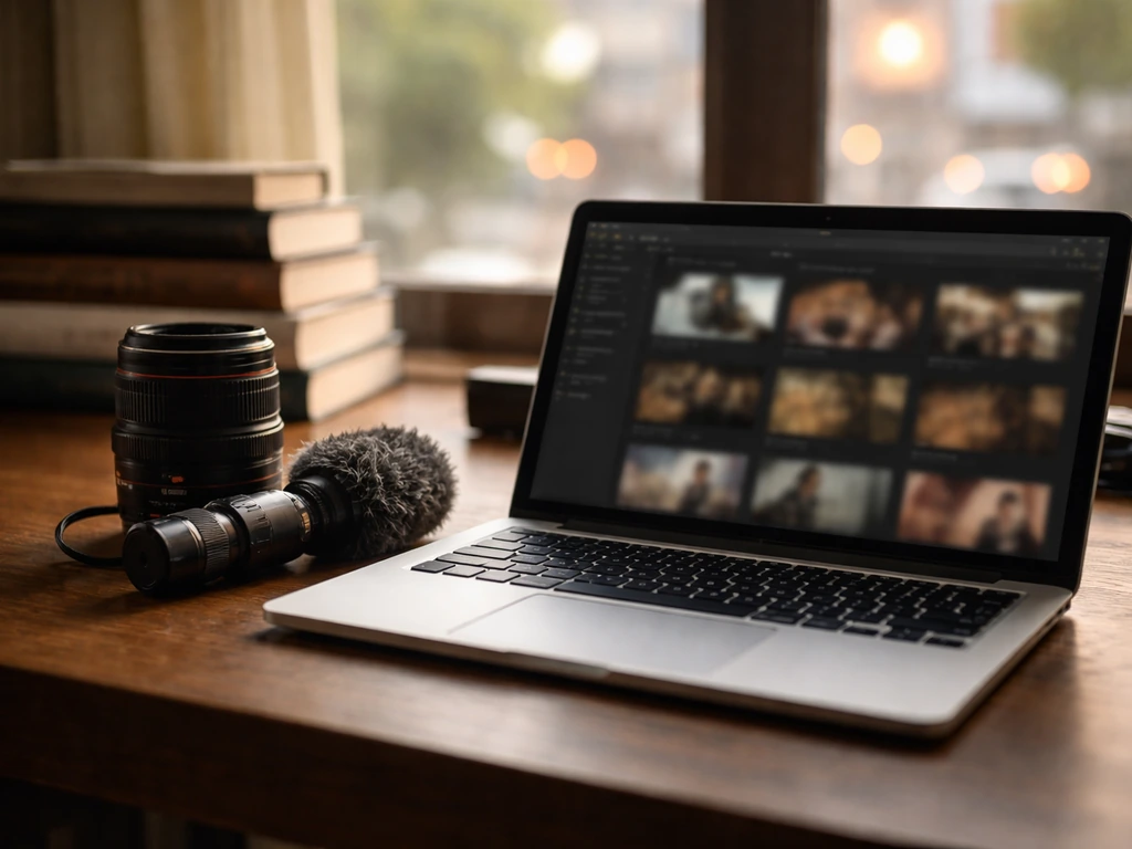 Minimal film producer workspace with laptop, camera lens, and microphone symbolizing media and wealth analysis.