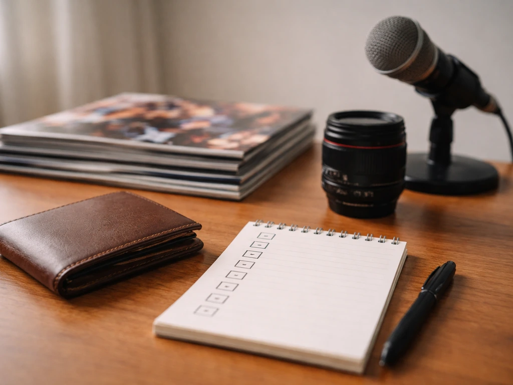 Minimal desk scene with wallet, media and studio items arranged like an evidence collage for net-worth signals.