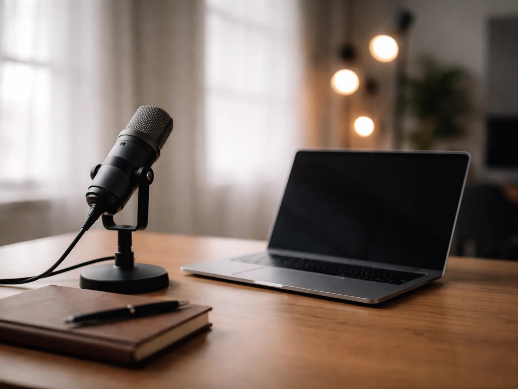 Minimal photo of a quiet newsroom-style studio desk with a microphone and laptop, suggesting media and wealth