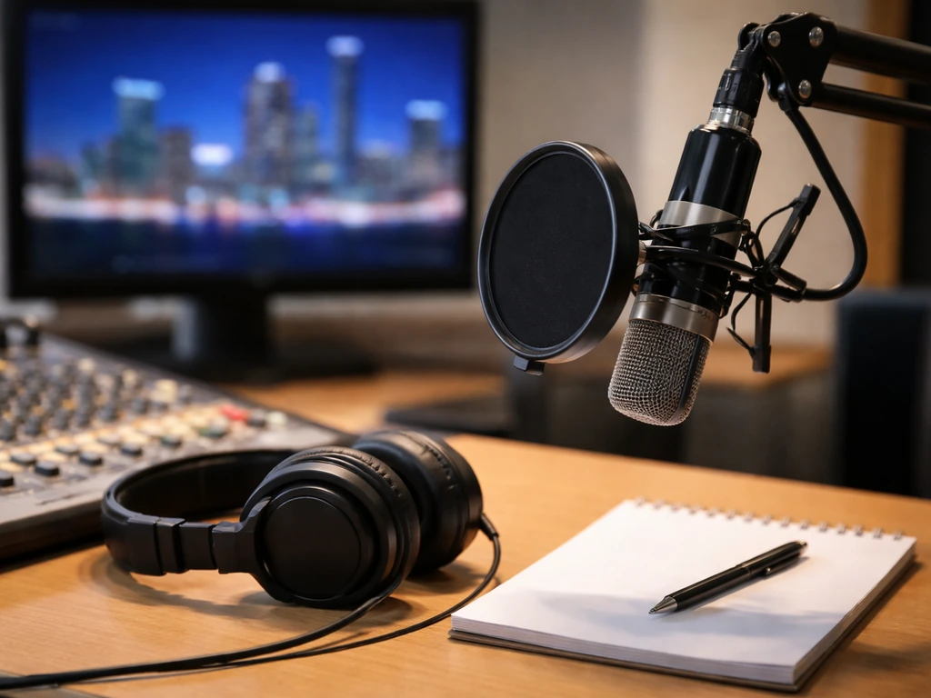 Anonymous newsroom desk with microphone and a TV screen showing a broadcast-style city skyline