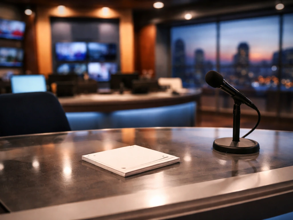 Unoccupied local TV news studio with anchor desk, microphone, and blurred monitors in the background.