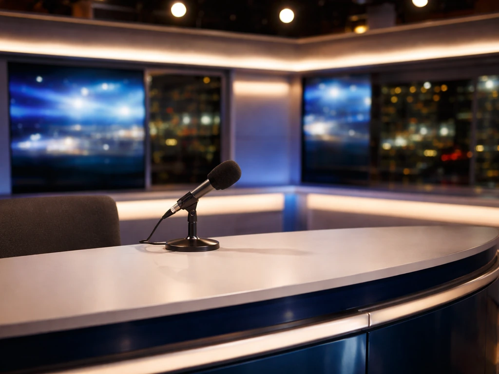 Minimal TV studio desk with microphone and warm backdrop suggesting a Fox News @ Night appearance.