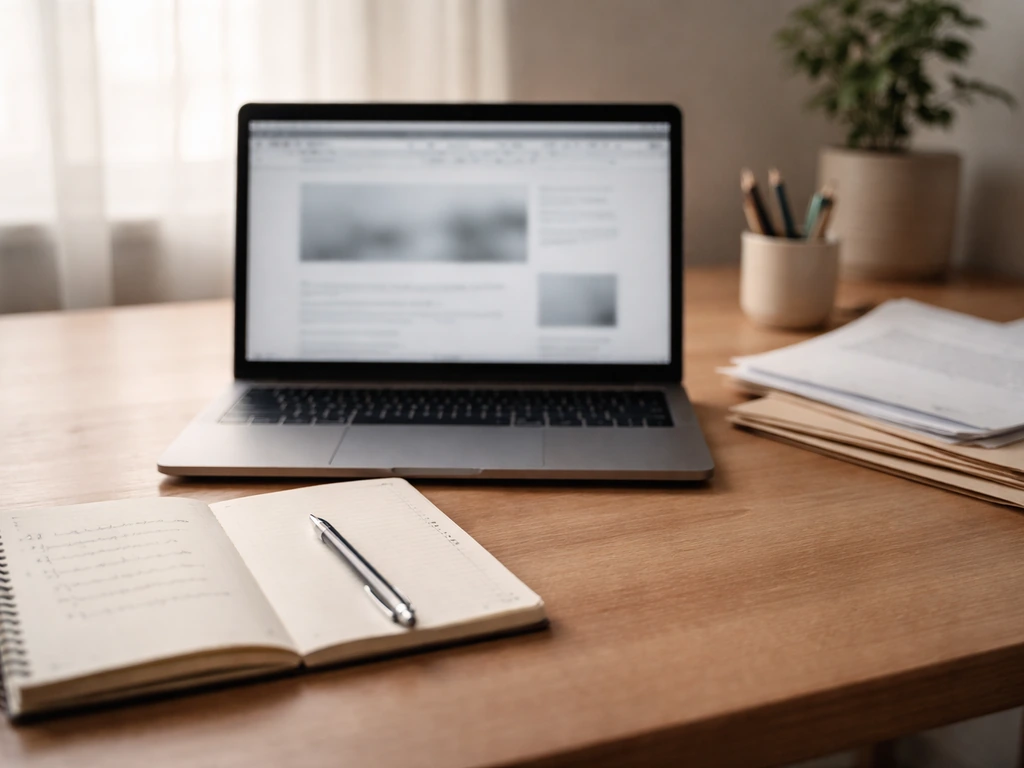 Minimal desk scene with laptop and a notebook, suggesting checking property records and financial items.