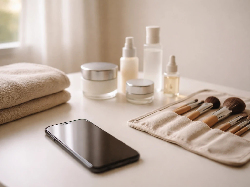 Beauty and wellness creator workspace with skincare products and a smartphone on a tidy desk