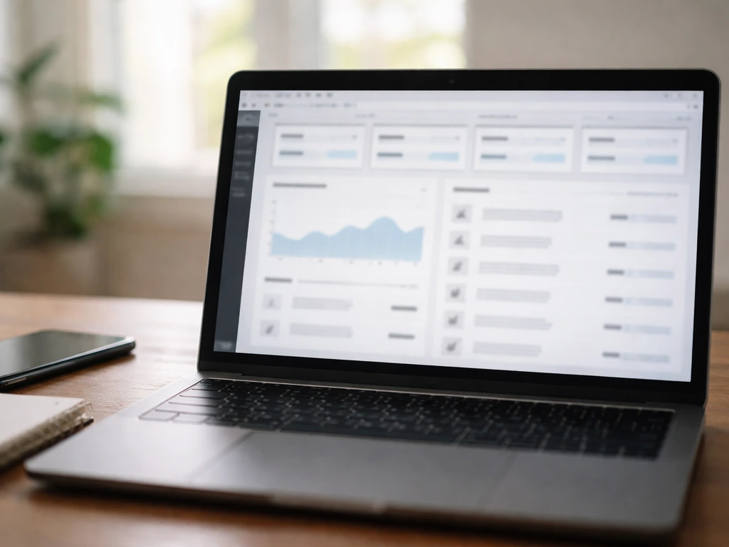 Laptop in a home office showing a generic, blurred social media analytics dashboard interface.