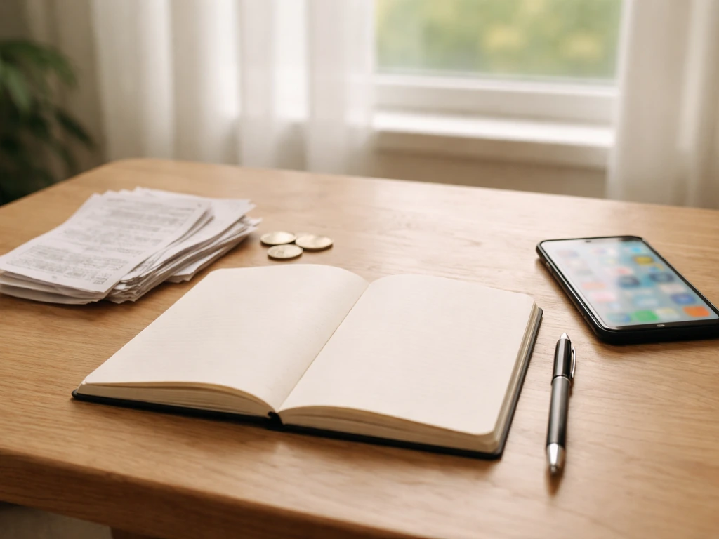 Blank finance notebook on a desk with pen, receipts, and coins for estimating net worth.