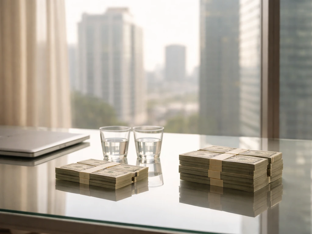 Minimal luxury office desk with two subtle money groupings suggesting an estimated net-worth range.