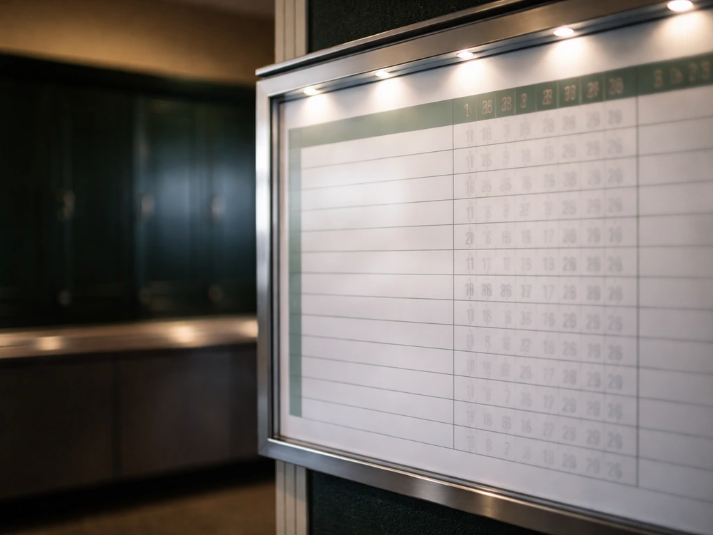 Close-up of an illuminated LPGA-style scorecard panel in a quiet clubhouse media area, no readable text.
