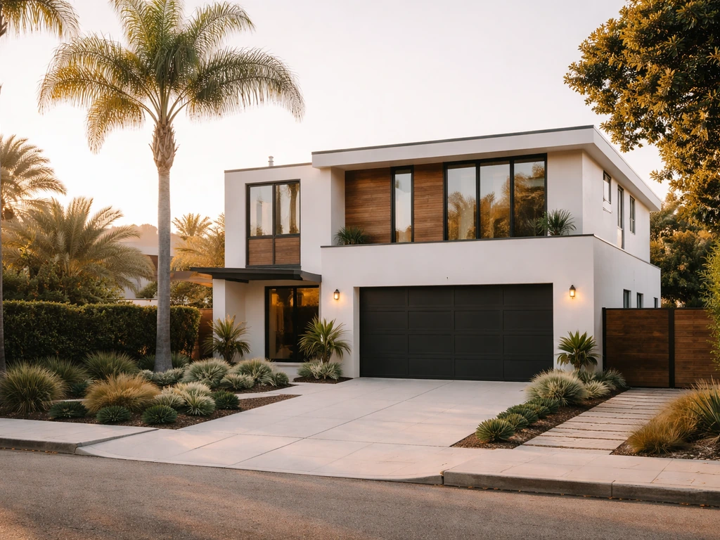 Sunlit modern home exterior in Encino-style neighborhood with driveway and palm trees