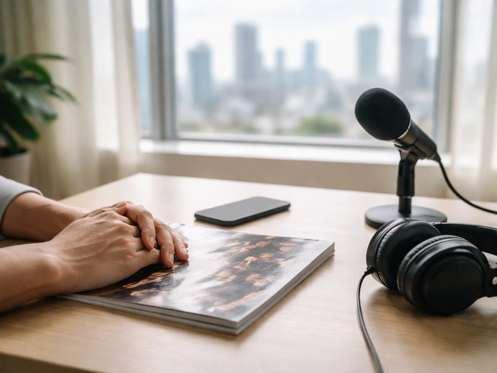 Anonymous media office desk with headphones and a smartphone, symbolizing verifying the correct entertainment profile.