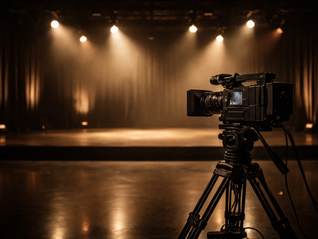 Dramatic television studio set with a softly lit stage and a single camera on a tripod, symbolic of screen earnings.