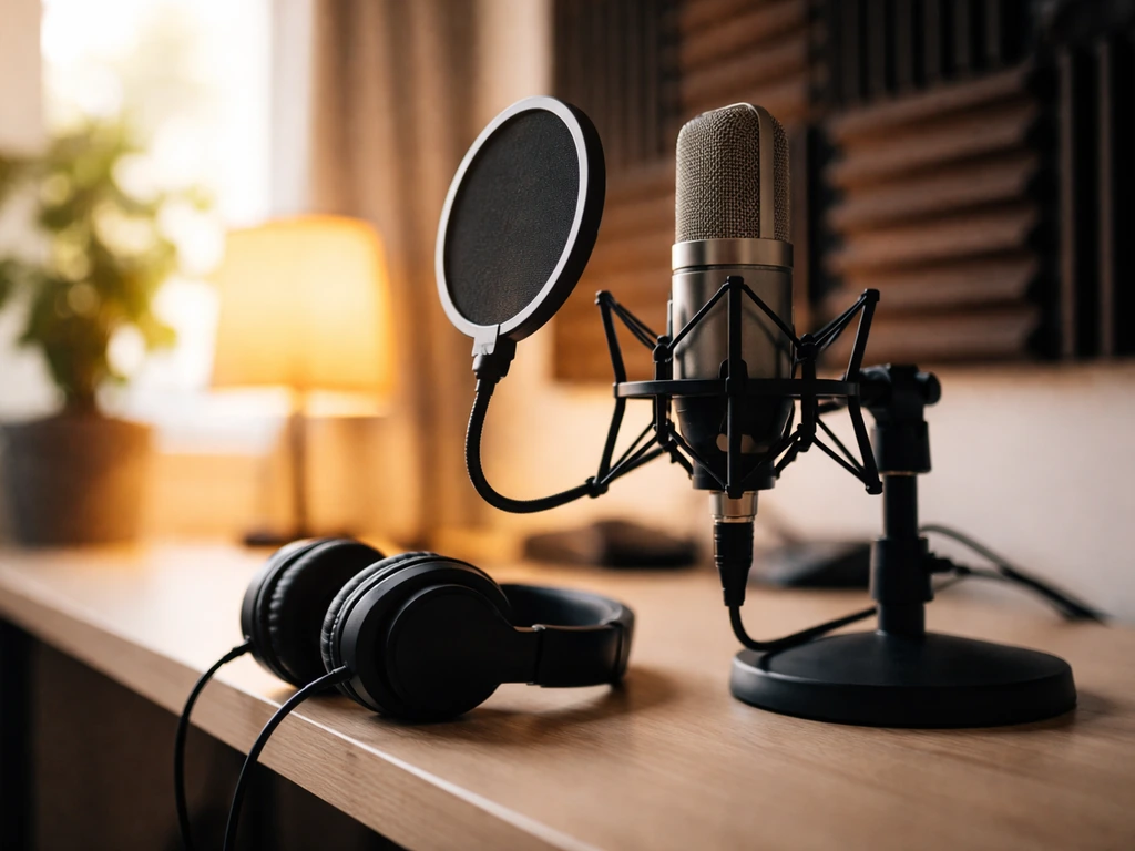 Close-up of a studio microphone with headphones on a desk, representing video game voice work.