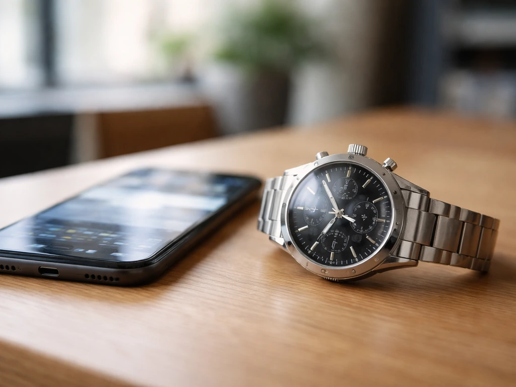 Close-up of a luxury watch beside a smartphone showing a business news feed, symbolizing public financial signals