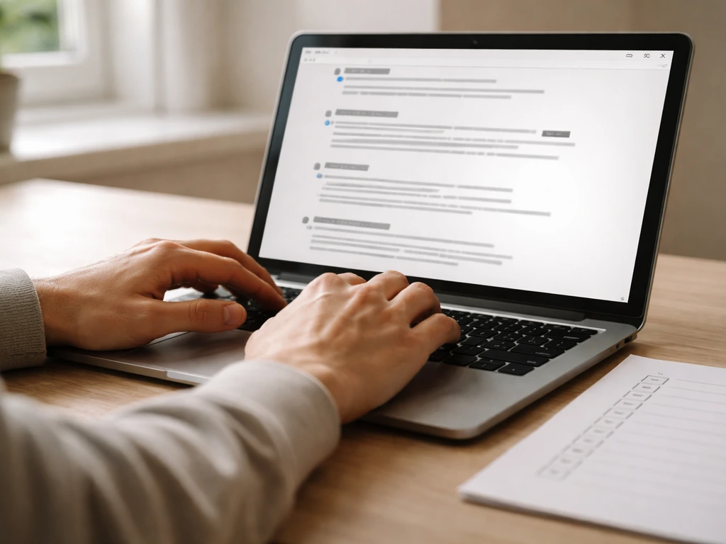 Close-up of a laptop showing search results and a checklist-style paper for verifying online information