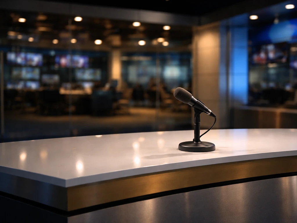 An NBC-style television news anchor desk in a Los Angeles newsroom with an empty studio background