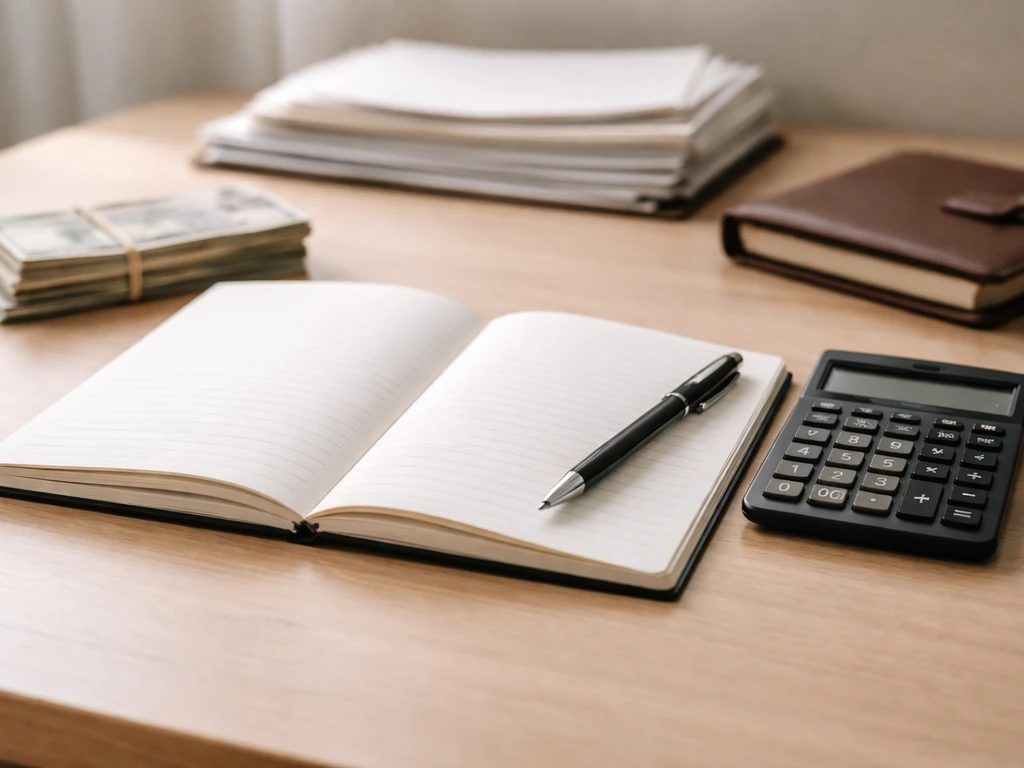 Minimal photo of a notebook and calculator beside cash and documents, symbolizing net worth estimation steps