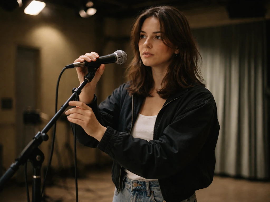Candid photo of an actress adjusting a handheld microphone in a late-1990s TV studio setting