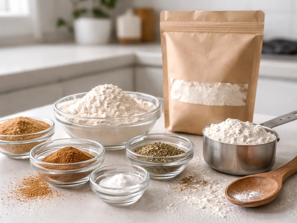 Close-up of organic baking mix and meal kit ingredients on a kitchen counter, warm and inviting.