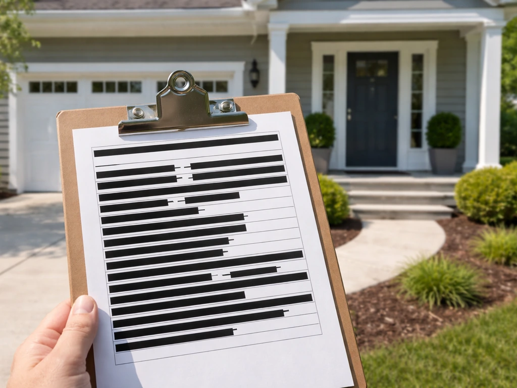 Quiet residential house exterior with a blurred, redacted property record checklist on a clipboard