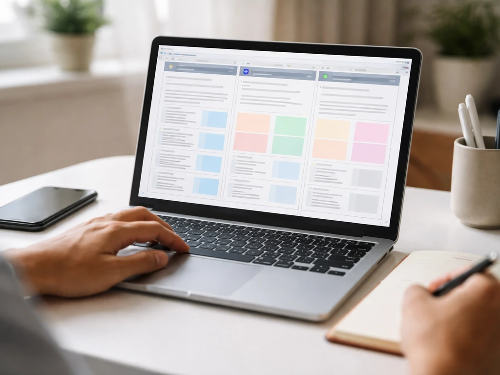 Person at a desk using a laptop to review multiple financial estimates side-by-side in a minimal workflow.